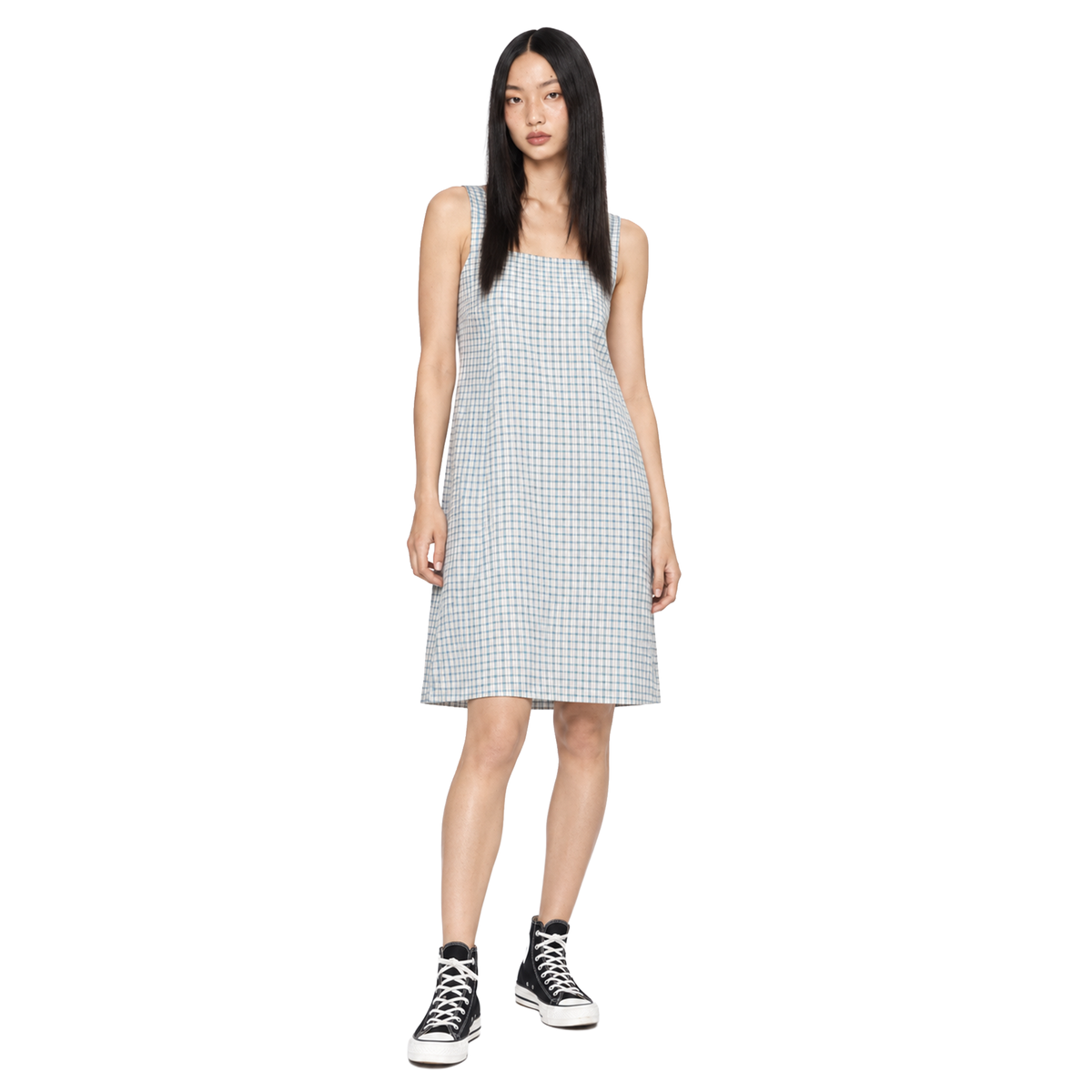 Square Neck Relaxed Dress- Blue check